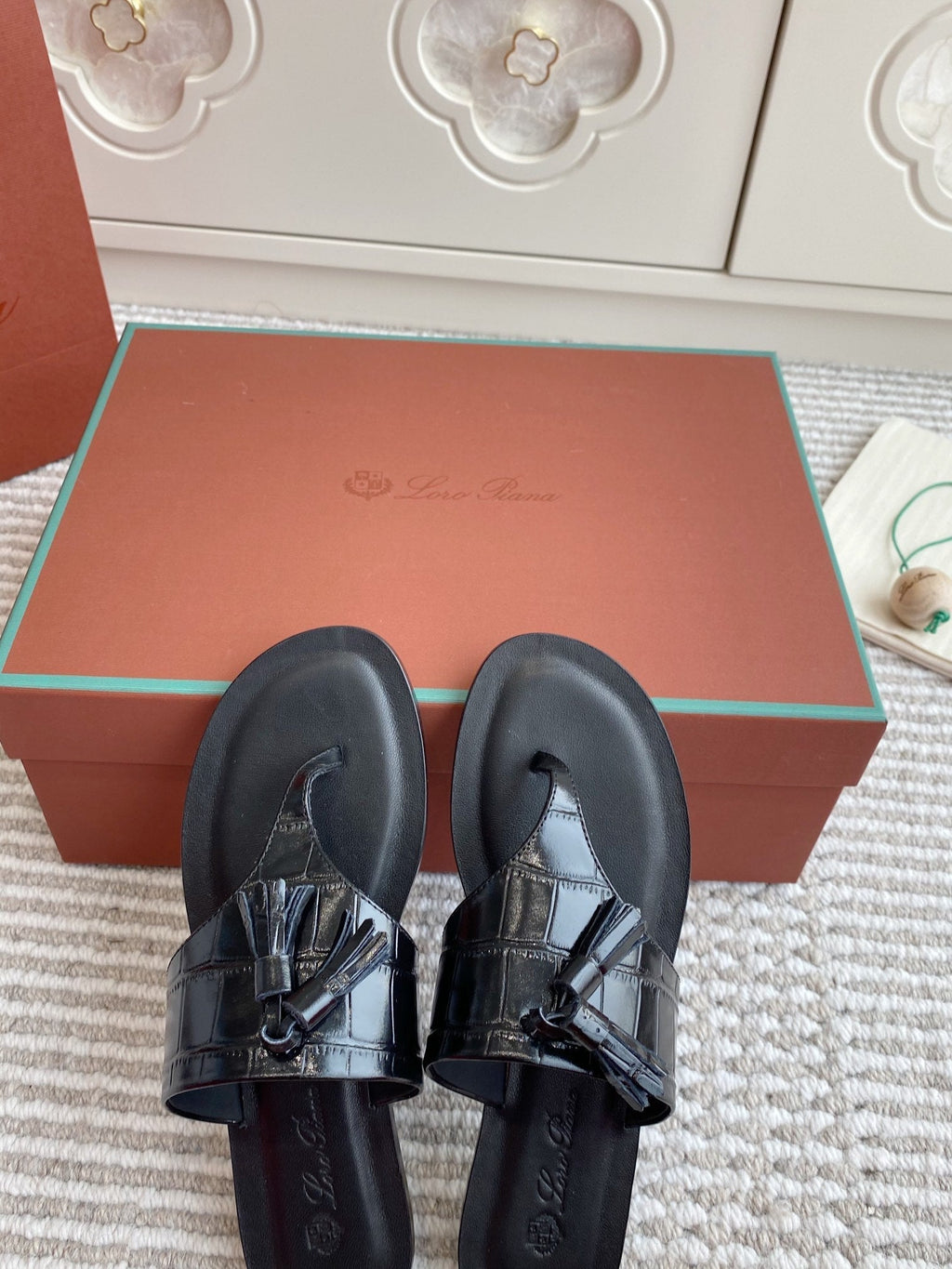 LP Flip Flops In Black Lambskin Snake Embossing