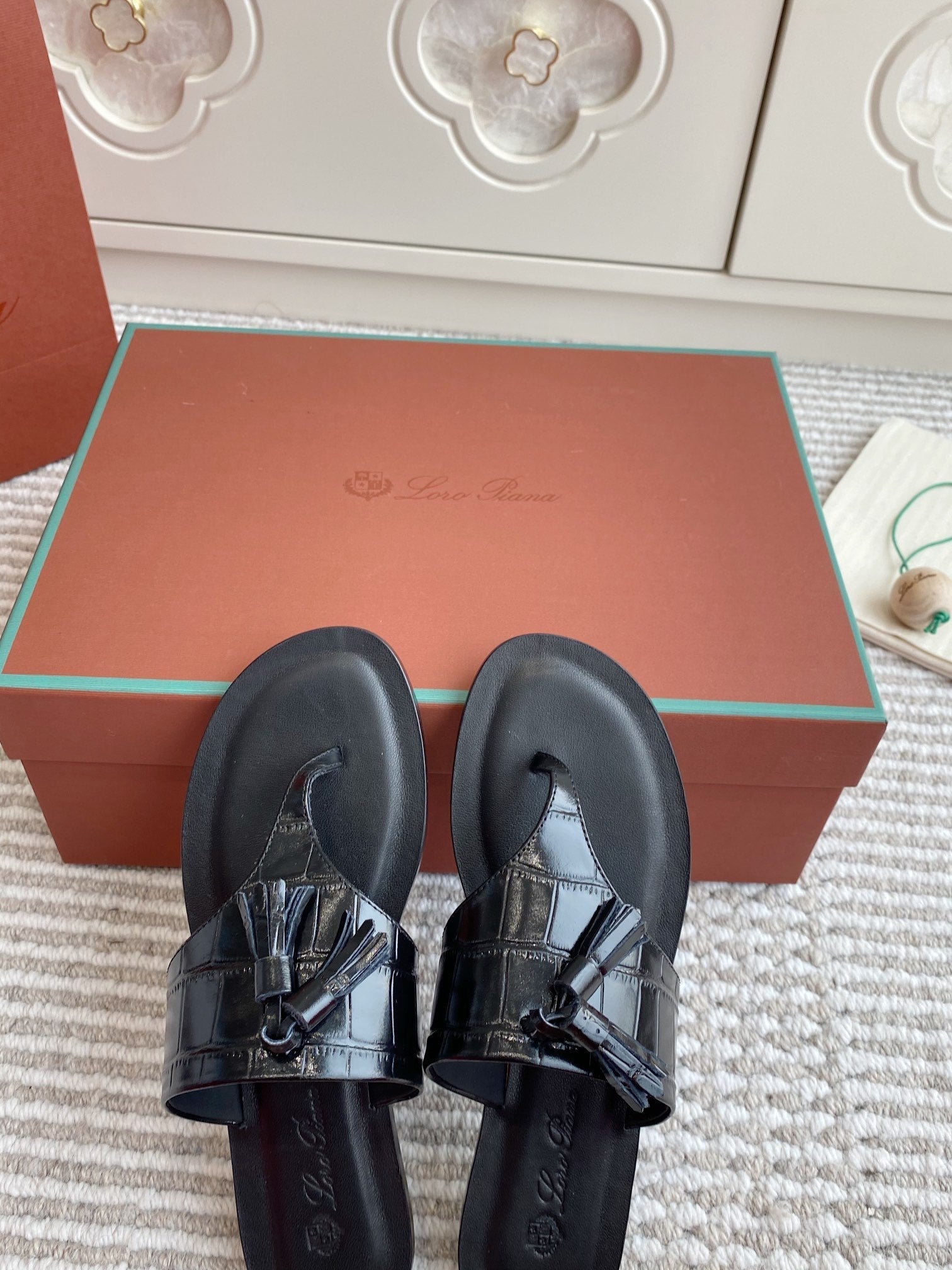 LP Flip Flops In Black Lambskin Snake Embossing