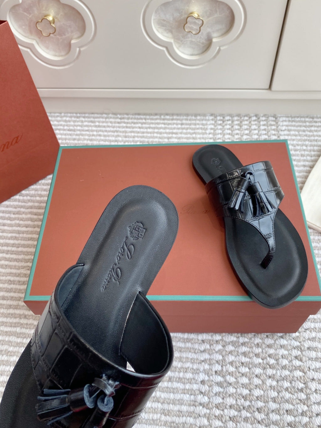 LP Flip Flops In Black Lambskin Snake Embossing
