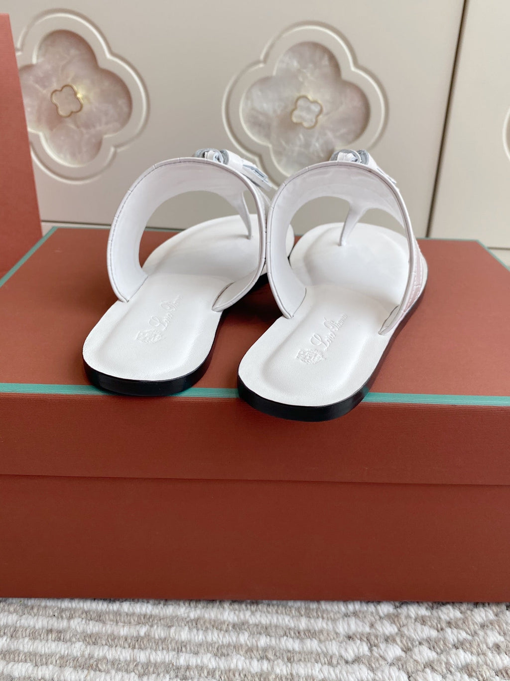 LP Flip Flops In White Lambskin Snake Embossing