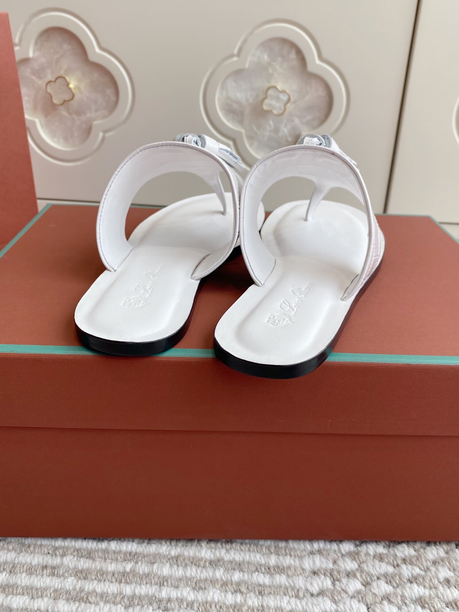 LP Flip Flops In White Lambskin Snake Embossing