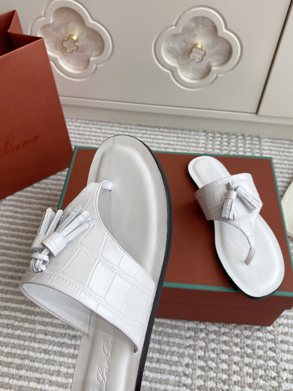 LP Flip Flops In White Lambskin Snake Embossing