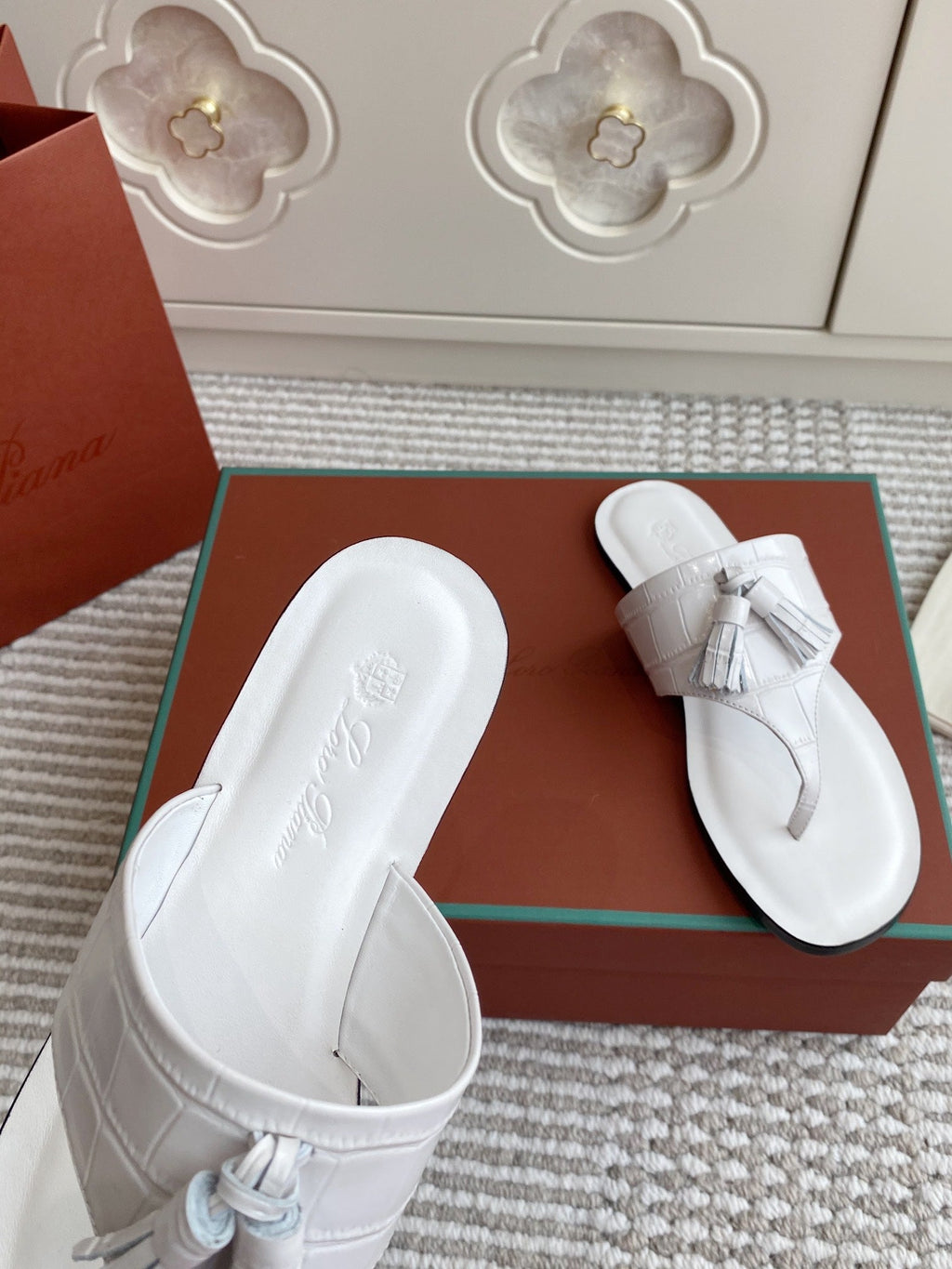 LP Flip Flops In White Lambskin Snake Embossing