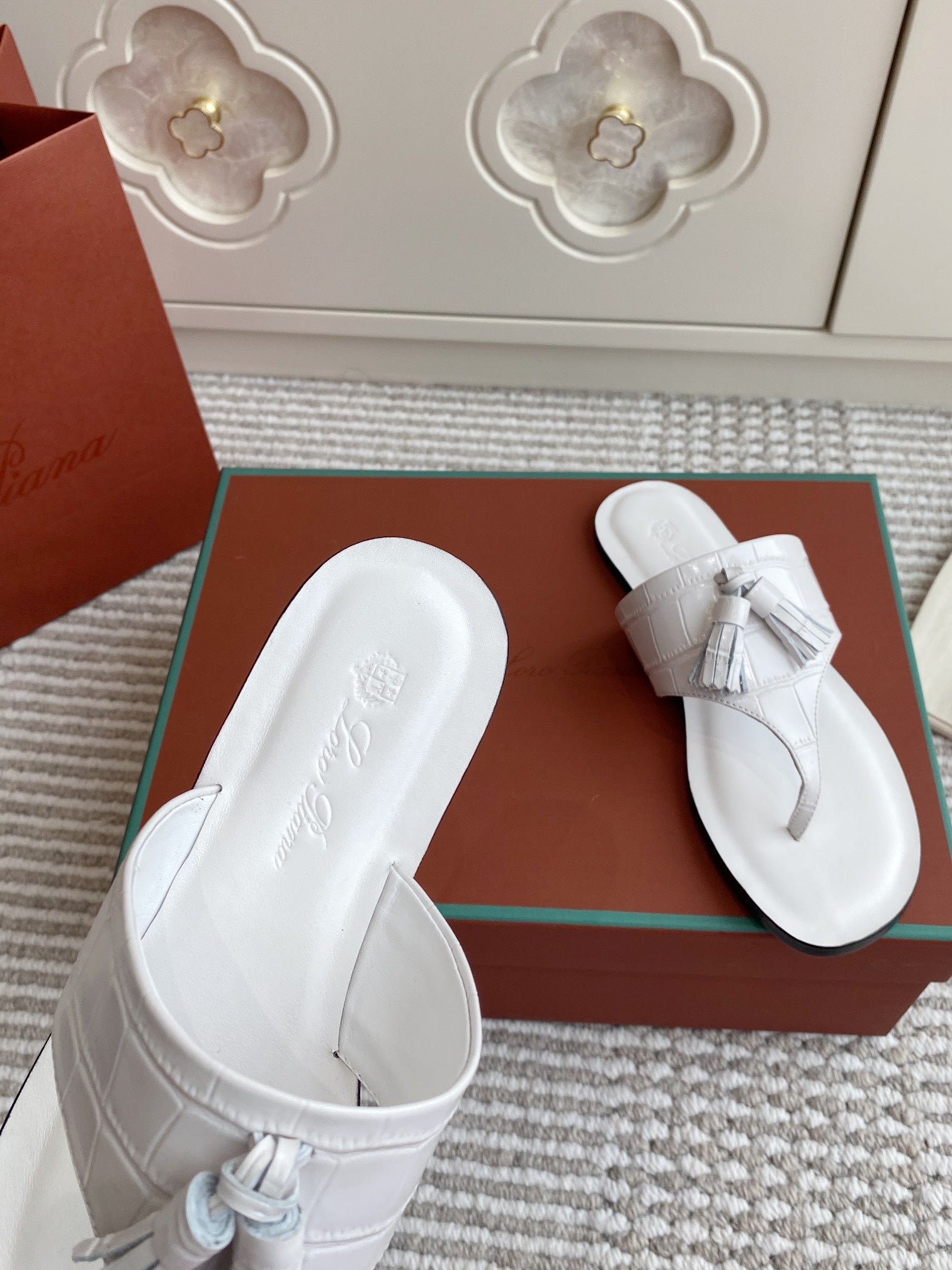 LP Flip Flops In White Lambskin Snake Embossing