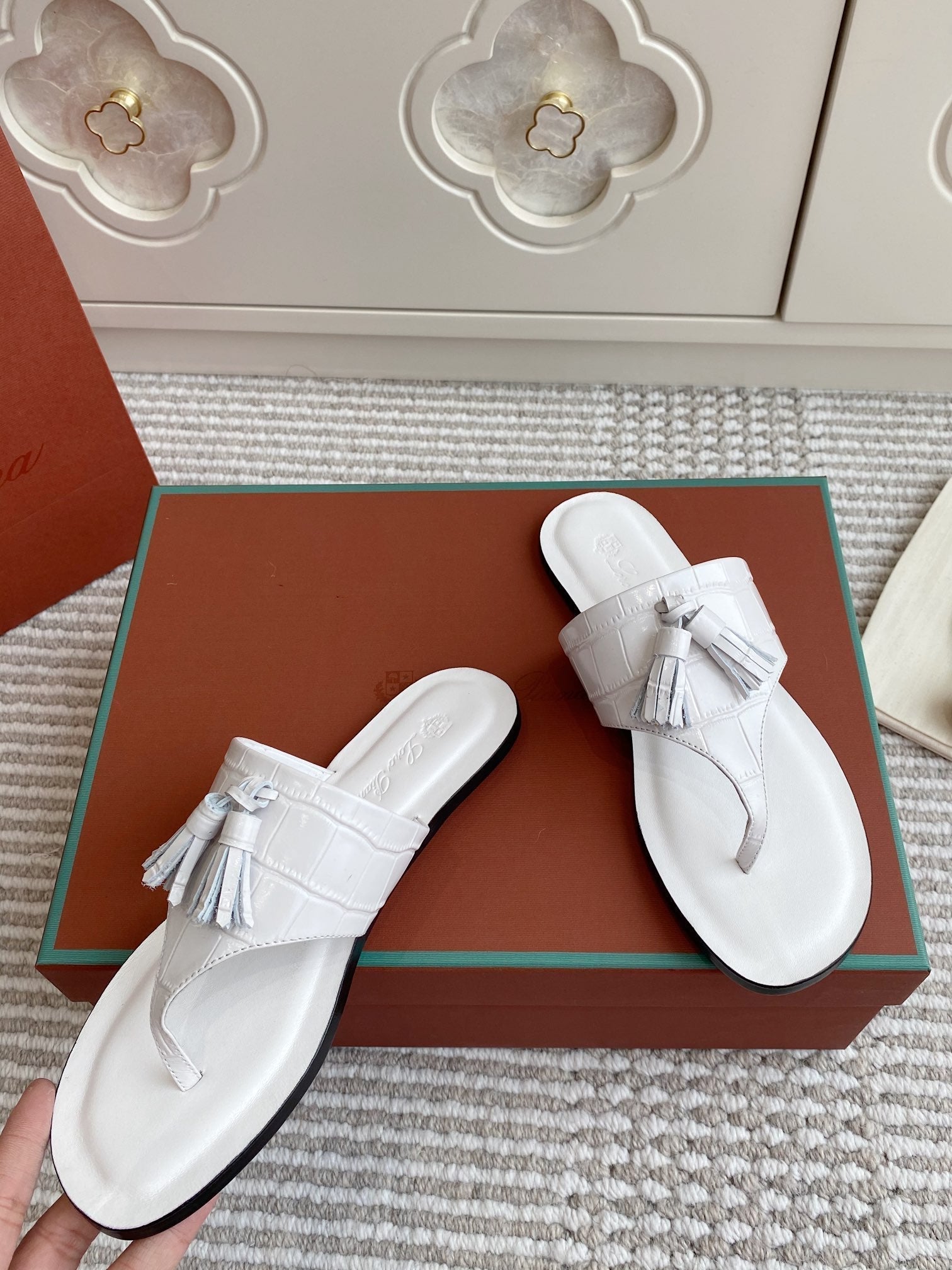 LP Flip Flops In White Lambskin Snake Embossing