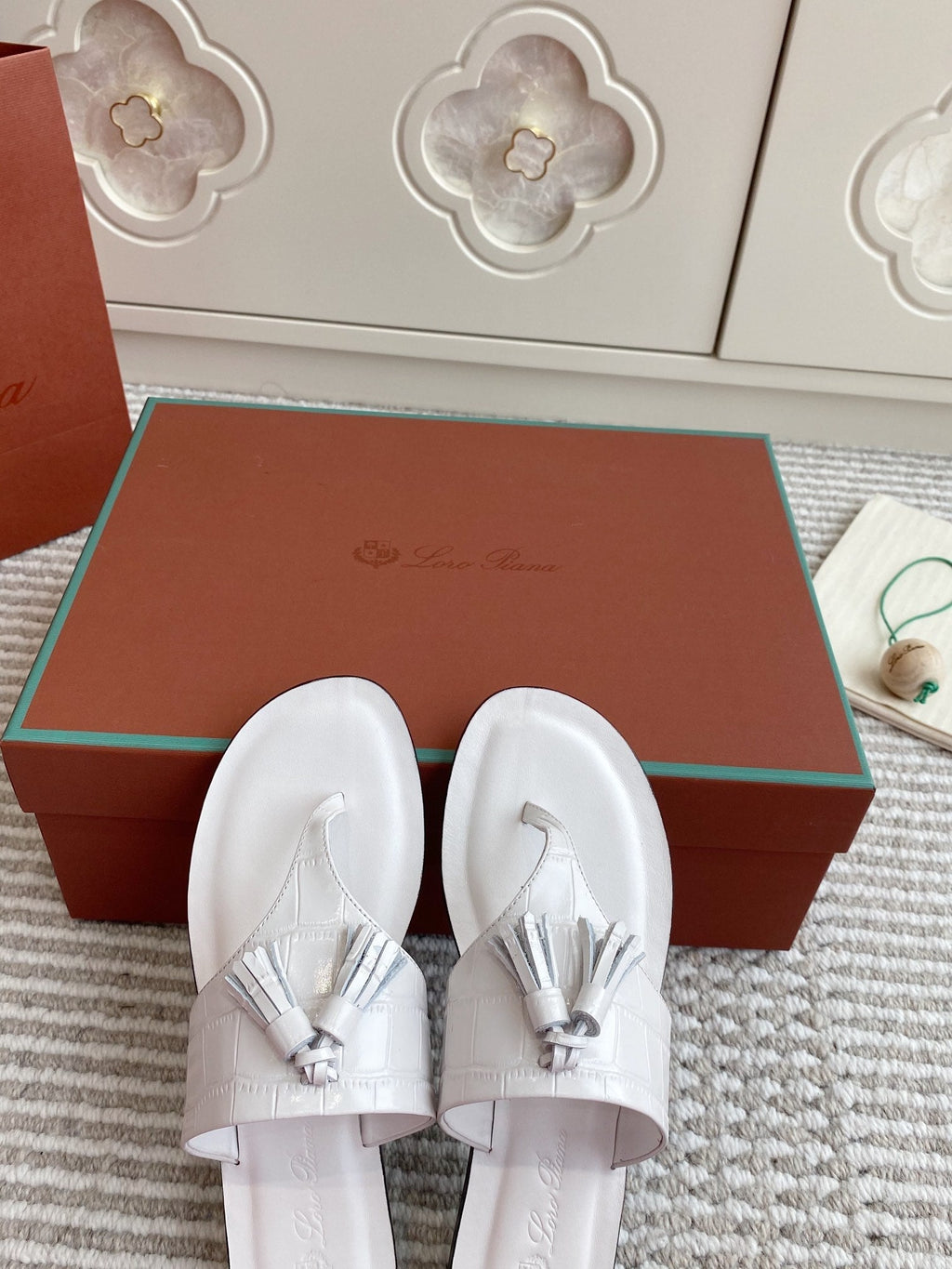 LP Flip Flops In White Lambskin Snake Embossing