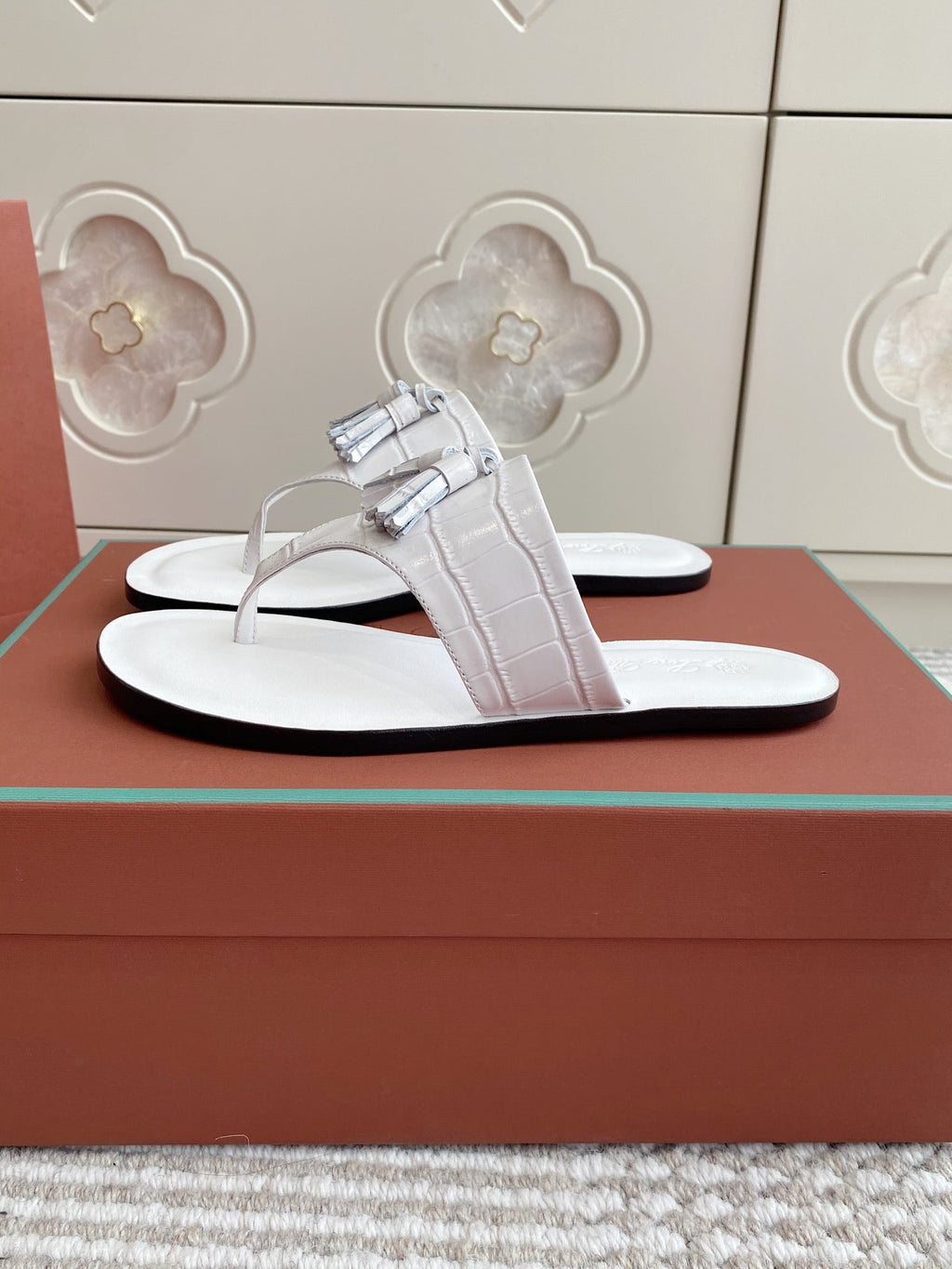 LP Flip Flops In White Lambskin Snake Embossing