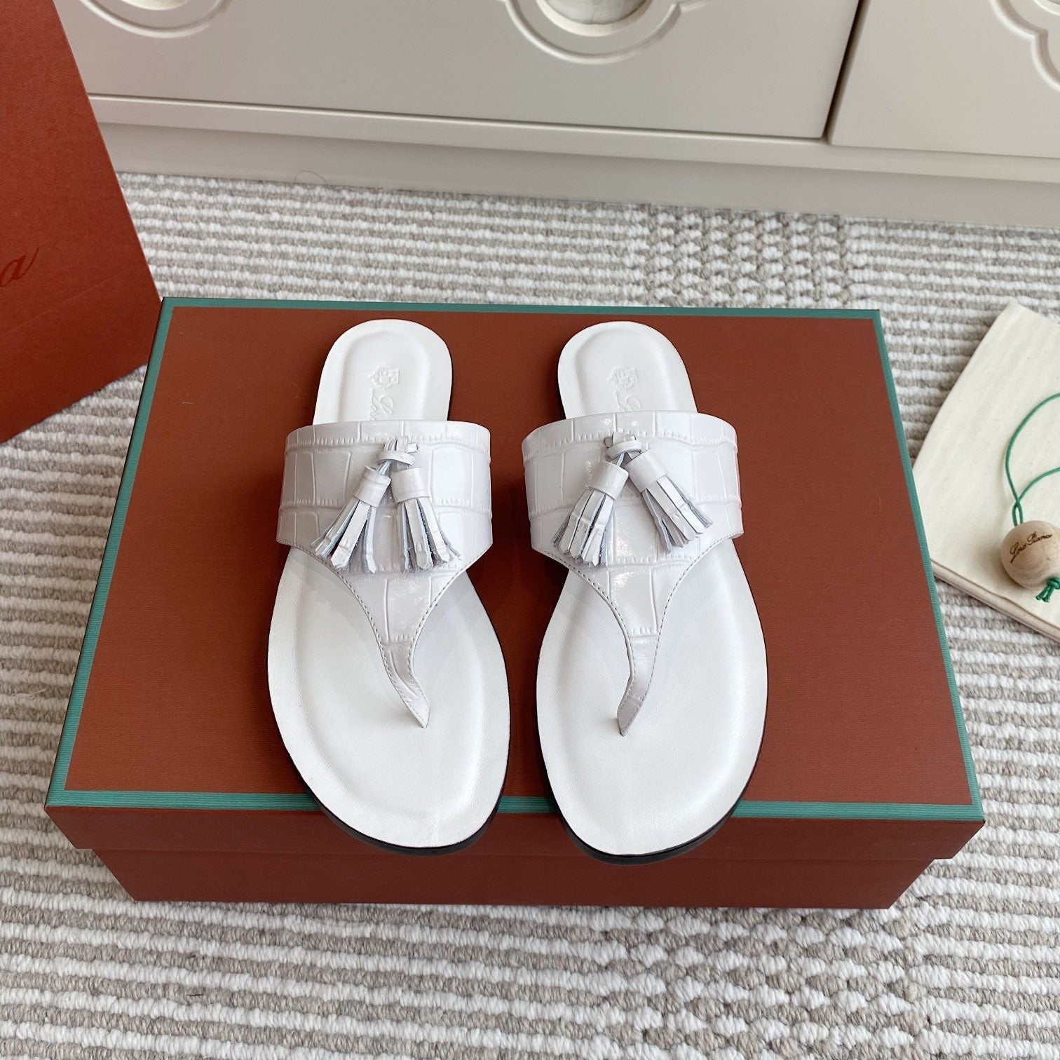 LP Flip Flops In White Lambskin Snake Embossing