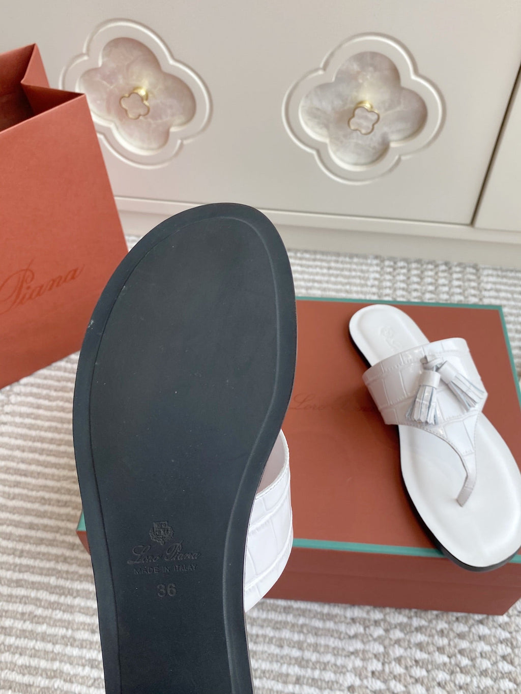 LP Flip Flops In White Lambskin Snake Embossing