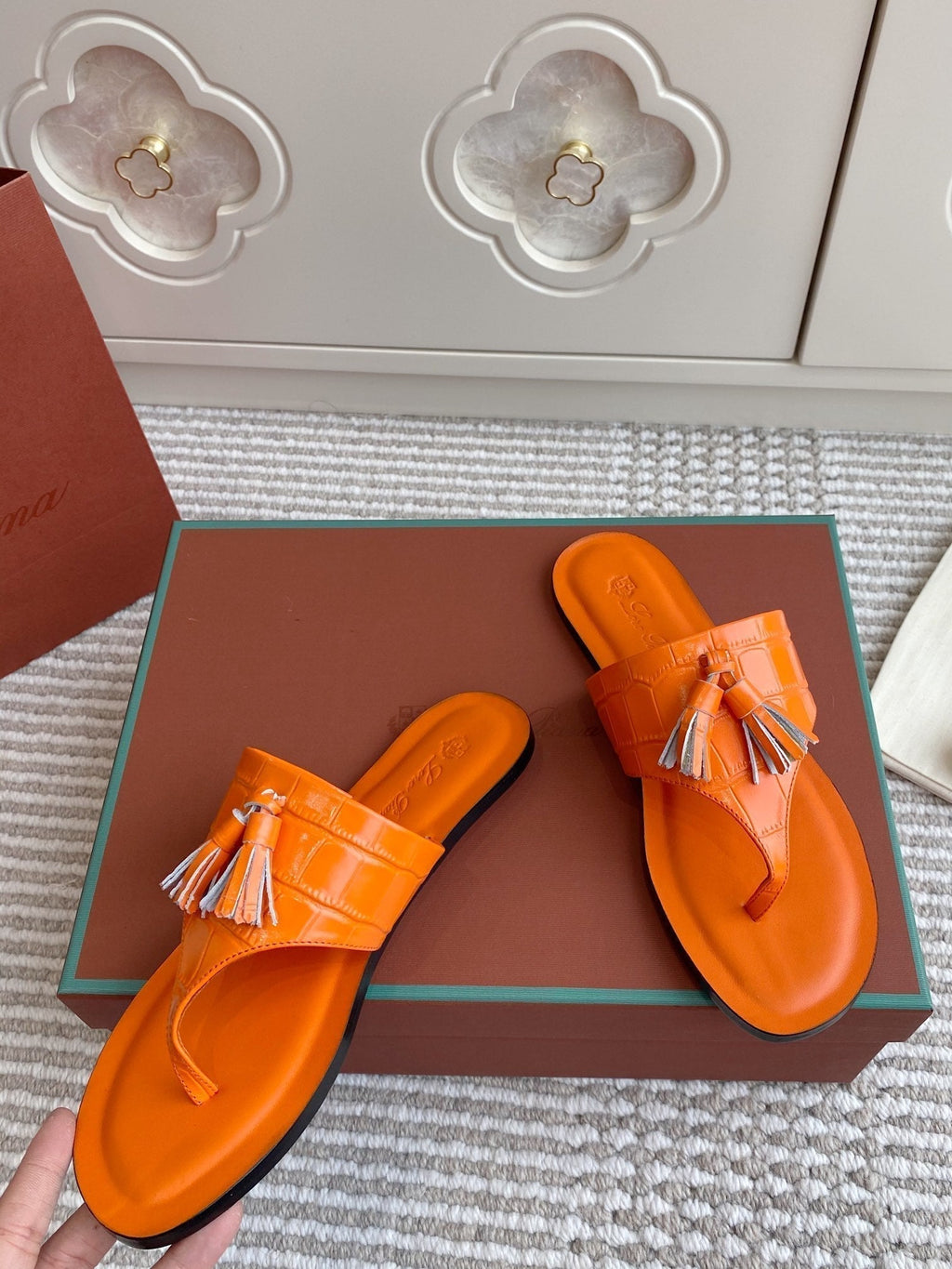 LP Flip Flops In Orange Lambskin Snake Embossing