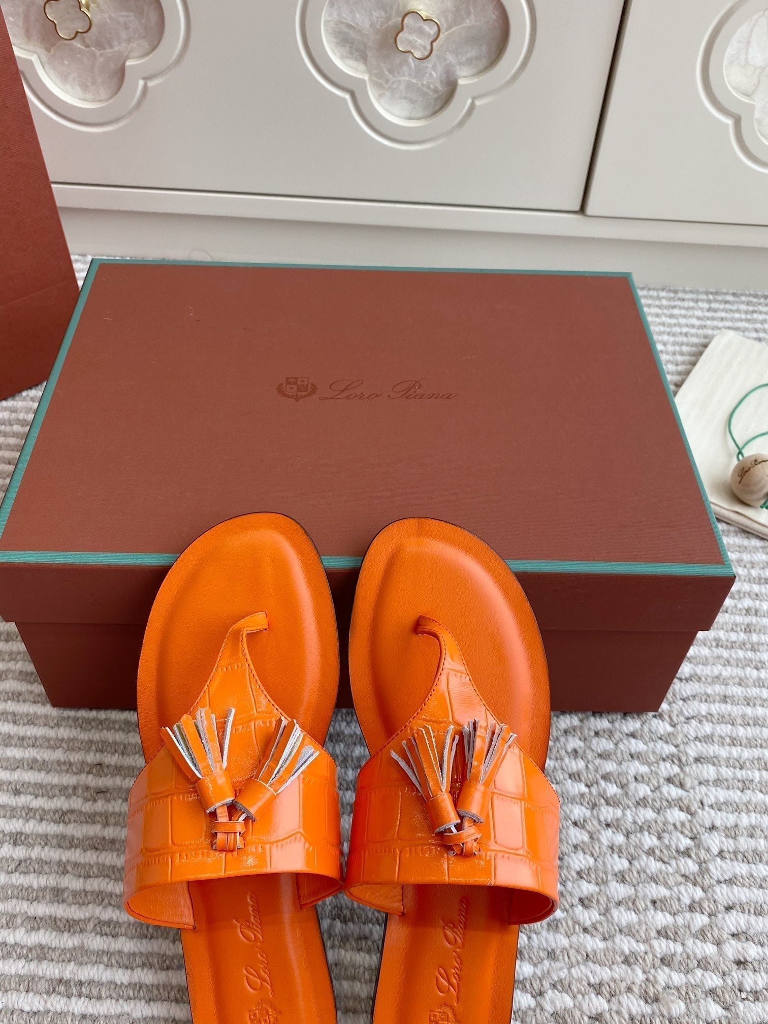 LP Flip Flops In Orange Lambskin Snake Embossing