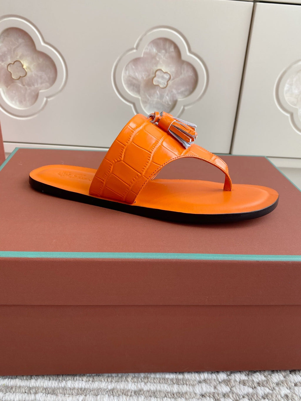 LP Flip Flops In Orange Lambskin Snake Embossing