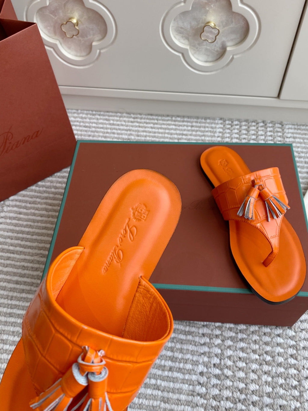 LP Flip Flops In Orange Lambskin Snake Embossing