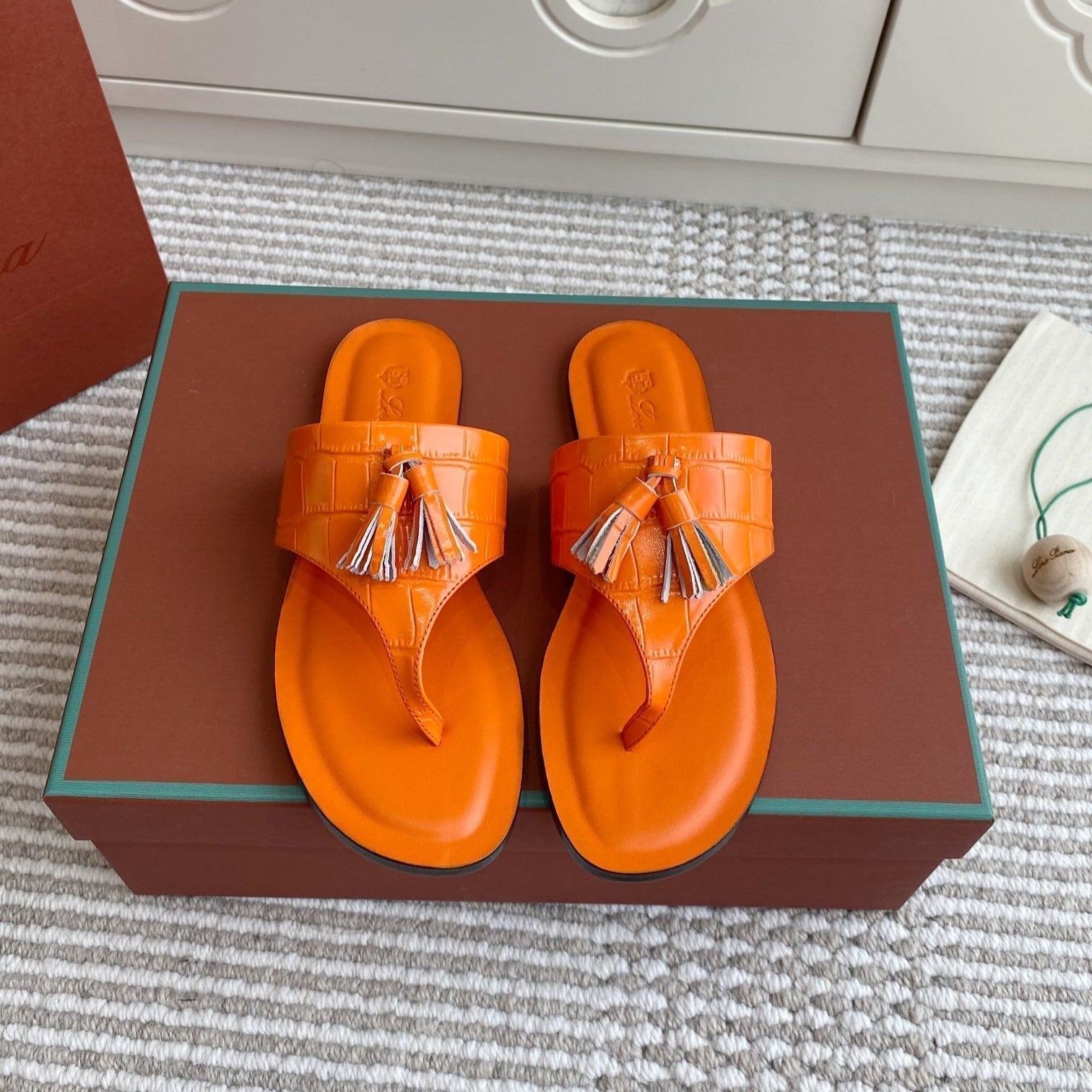 LP Flip Flops In Orange Lambskin Snake Embossing