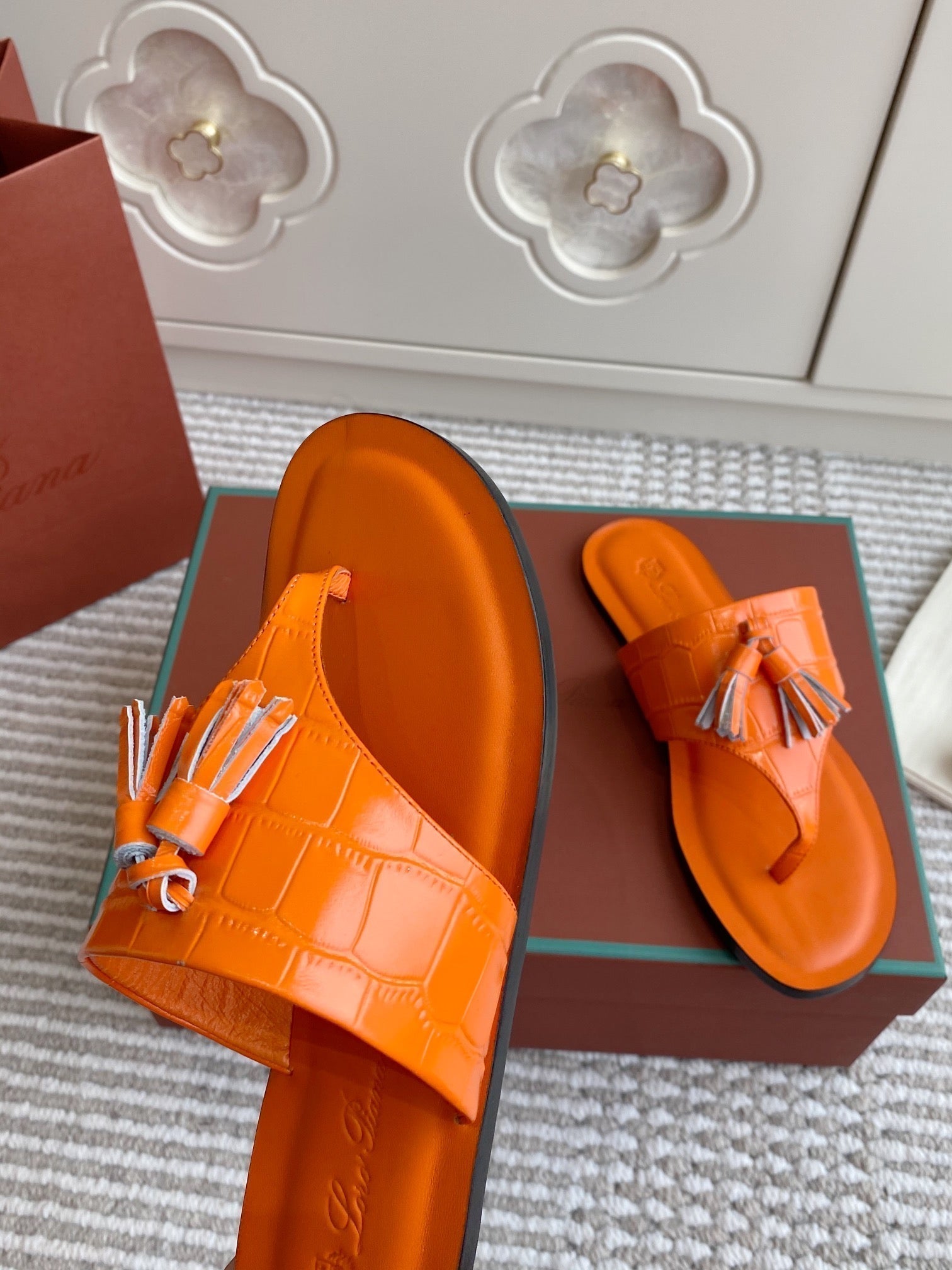 LP Flip Flops In Orange Lambskin Snake Embossing