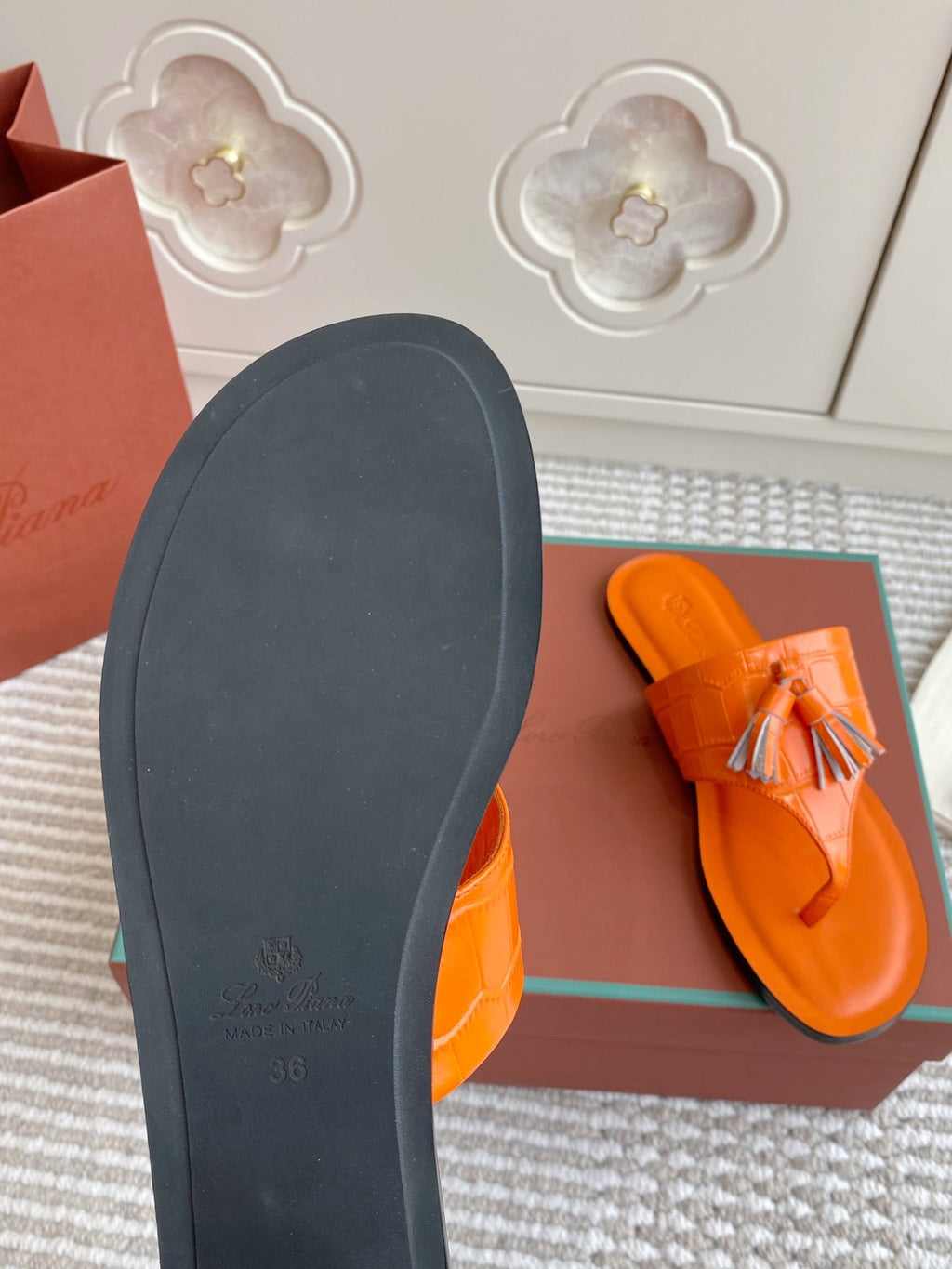 LP Flip Flops In Orange Lambskin Snake Embossing