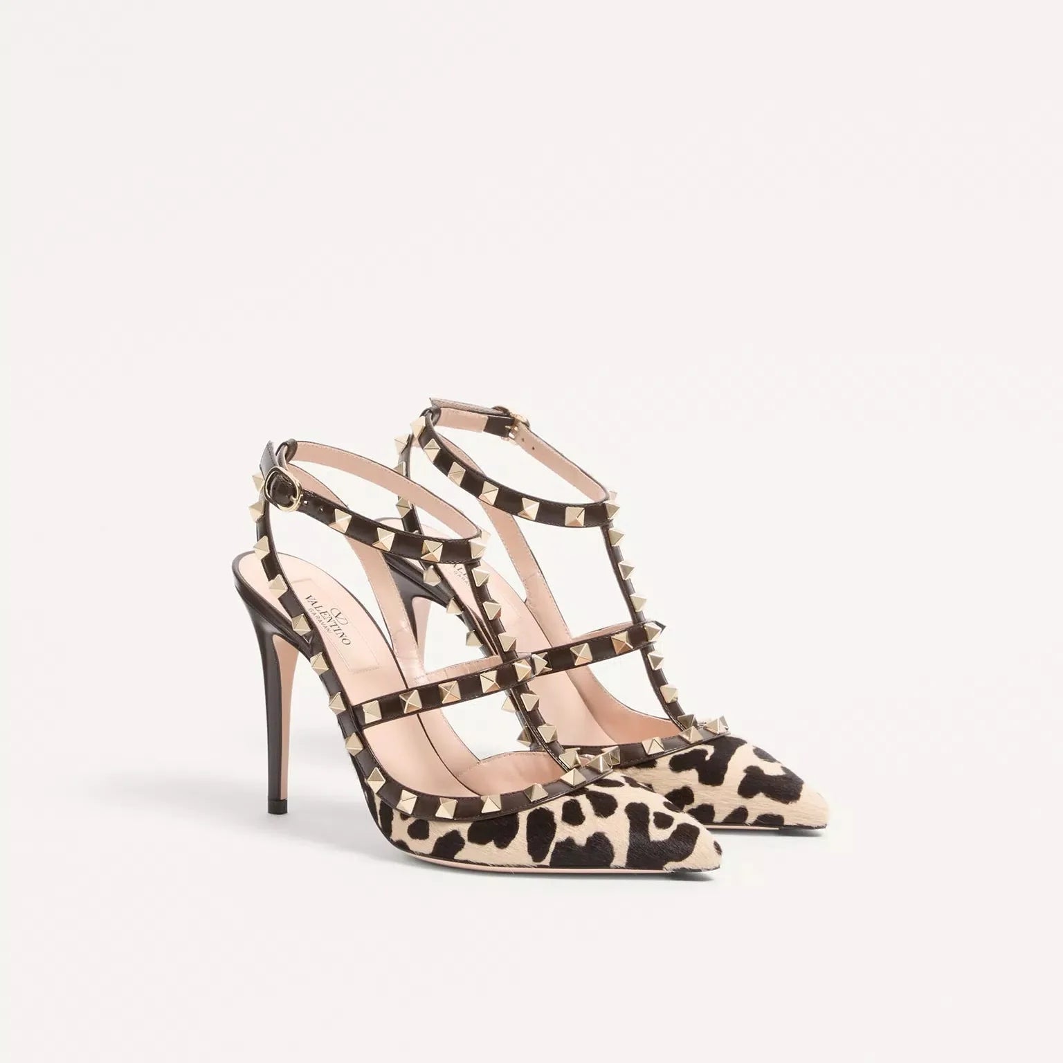 VT Rockstud Sandal 10cm With Straps Coffee Ivory Pony-Effect Calfskin
