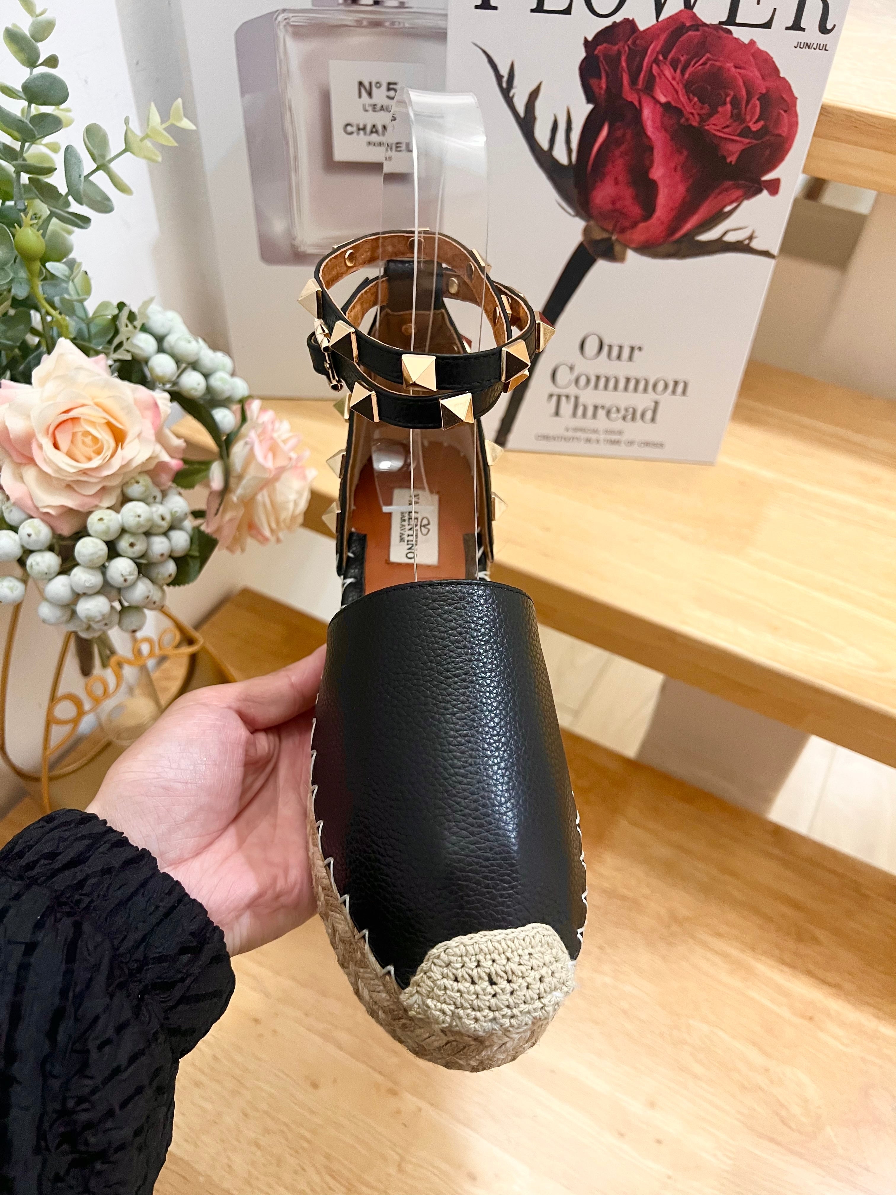 Valentino Rockstud Espadrille Sandals Black Leather 240596