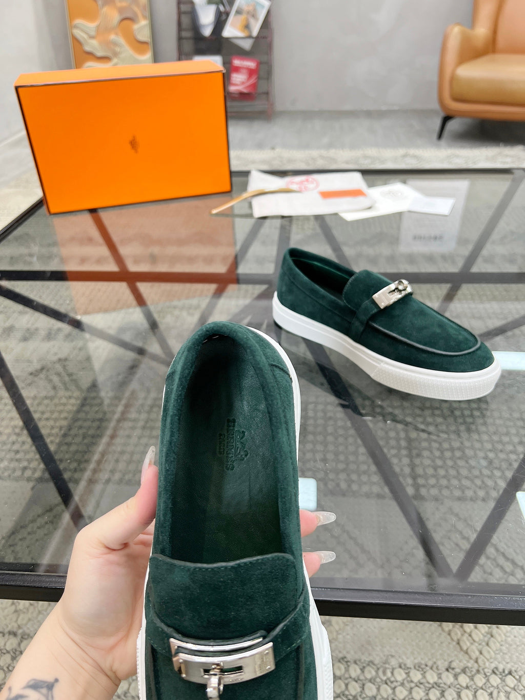 HM Men's Loafers Green Suede 621425