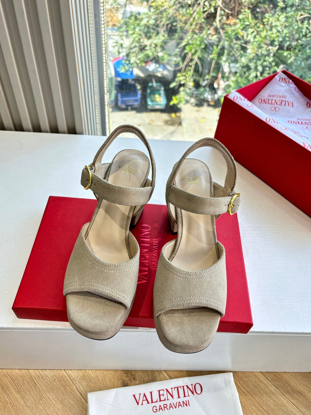 Valentino Fawcette Platform Sandal Light Khahi Suede 702294