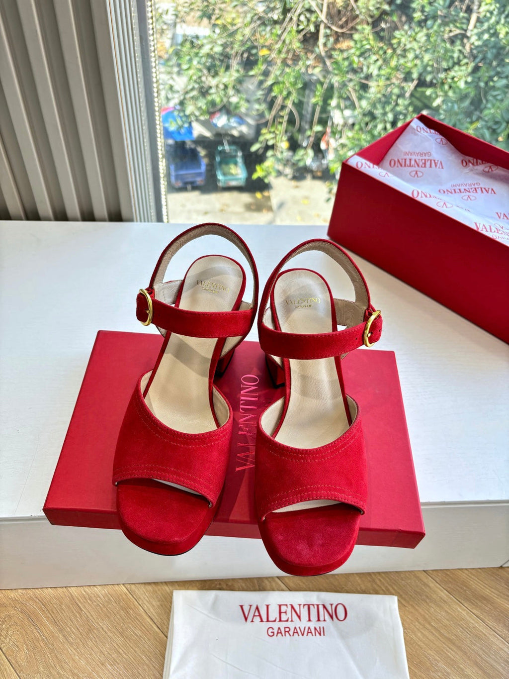 Valentino Fawcette Platform Sandal Red Suede 702296