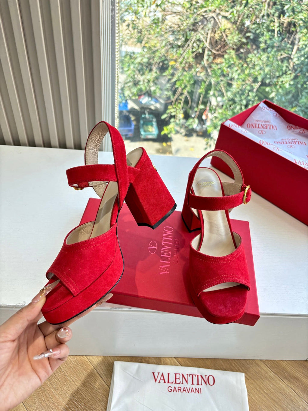 Valentino Fawcette Platform Sandal Red Suede 702296