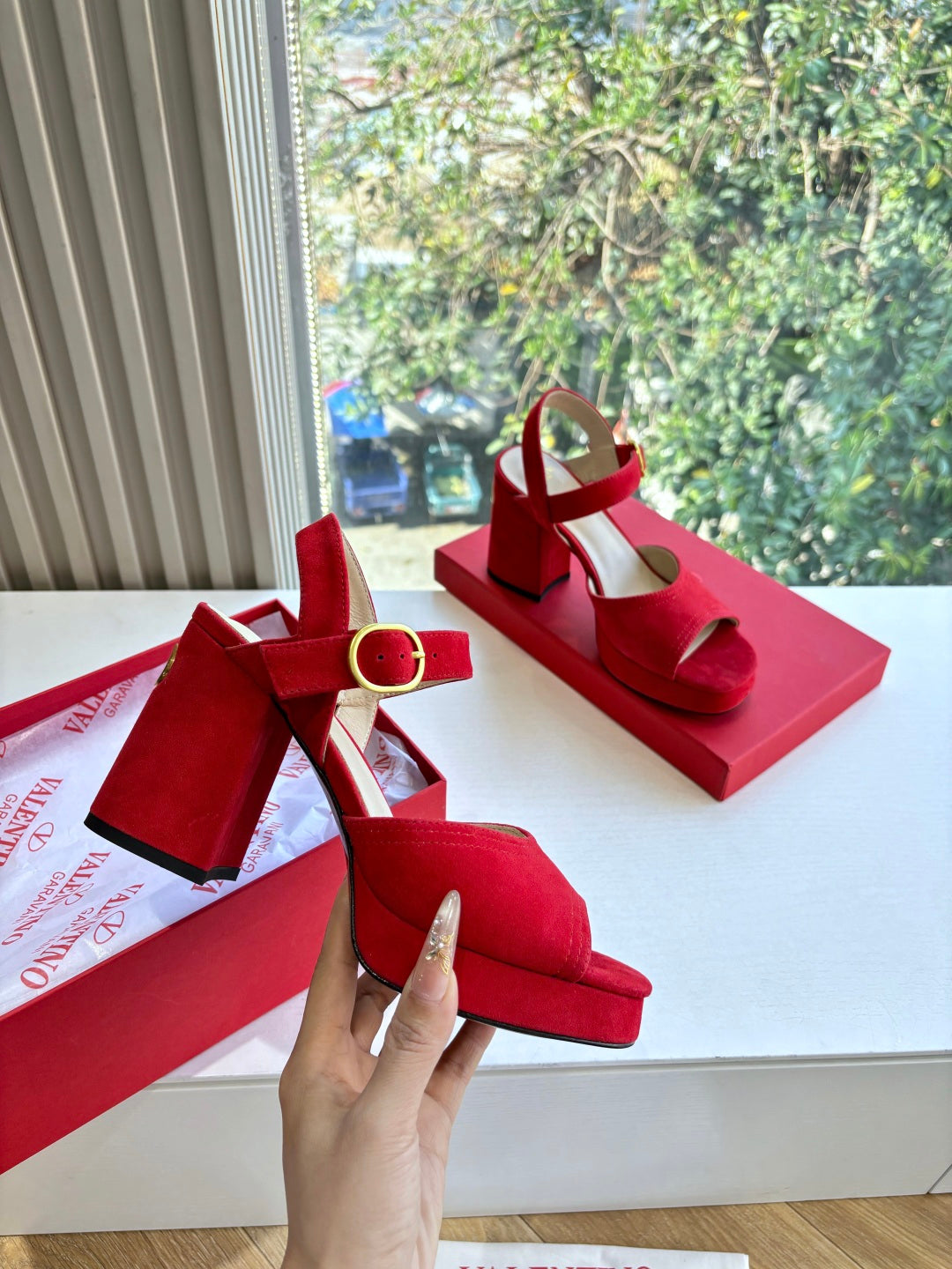 Valentino Fawcette Platform Sandal Red Suede 702296