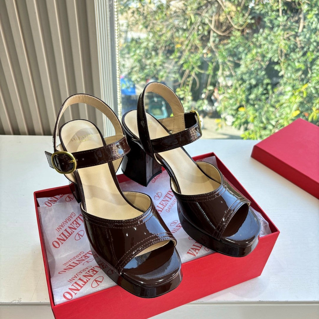 Valentino Fawcette Platform Sandal Brown Patent Leather 702279