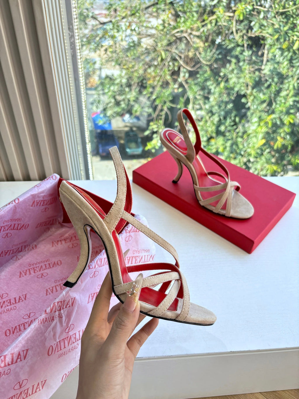 Valentino Fetishique Sandal 10.5cm Light Khahi Suede 702289