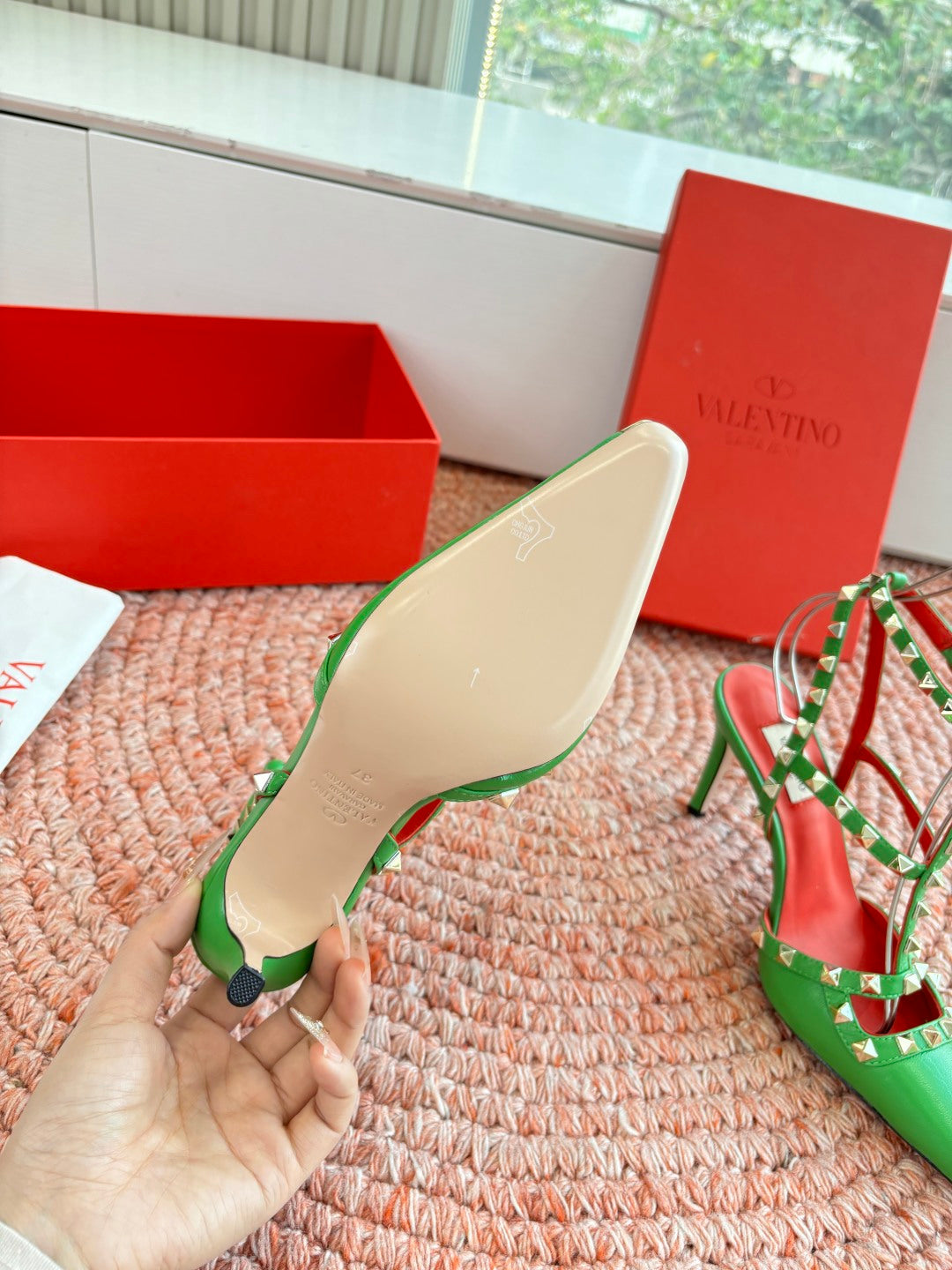 Valentino Rockstud Kidskin Pump 100mm Green Sheepskin 702226