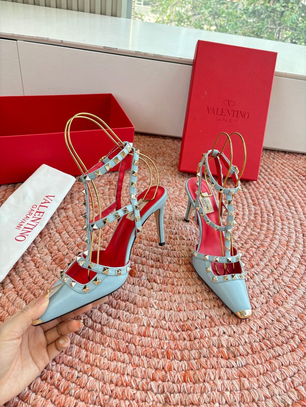 Valentino Rockstud Kidskin Pump 100mm Stale Blue Sheepskin 702225