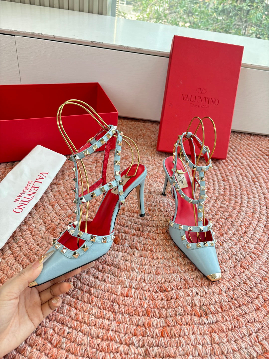 Valentino Rockstud Kidskin Pump 100mm Stale Blue Sheepskin 702225