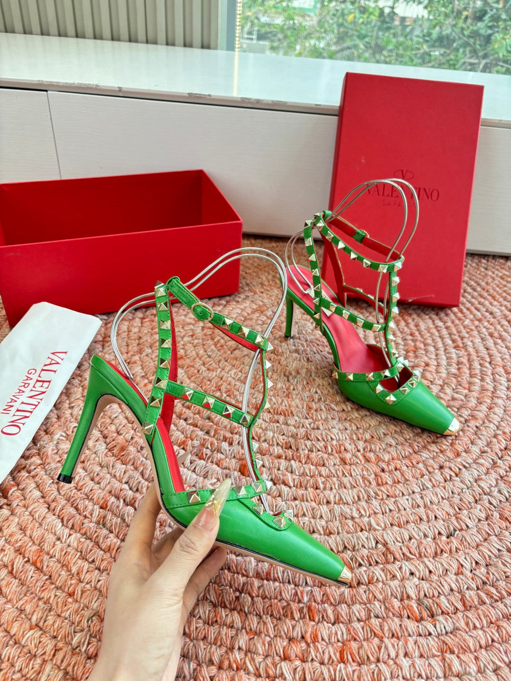 Valentino Rockstud Kidskin Pump 100mm Green Sheepskin 702226