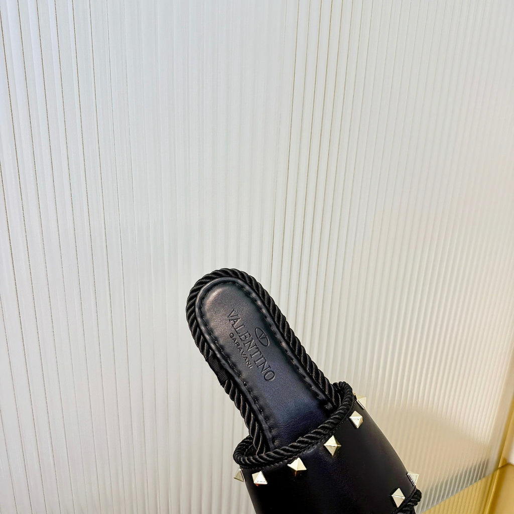 VT 26s Espadrille Slides 5cm Black Leather 714907