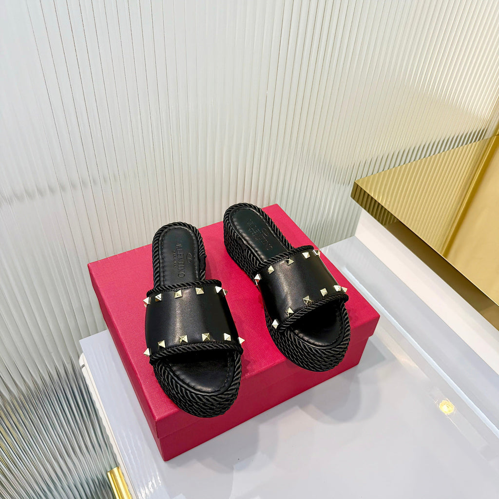 VT 26s Espadrille Slides 5cm Black Leather 714907