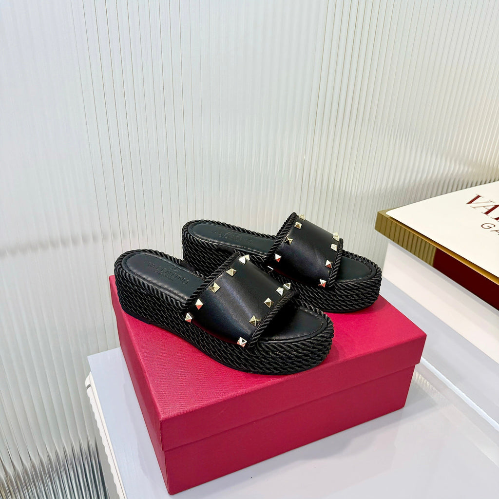 VT 26s Espadrille Slides 5cm Black Leather 714907