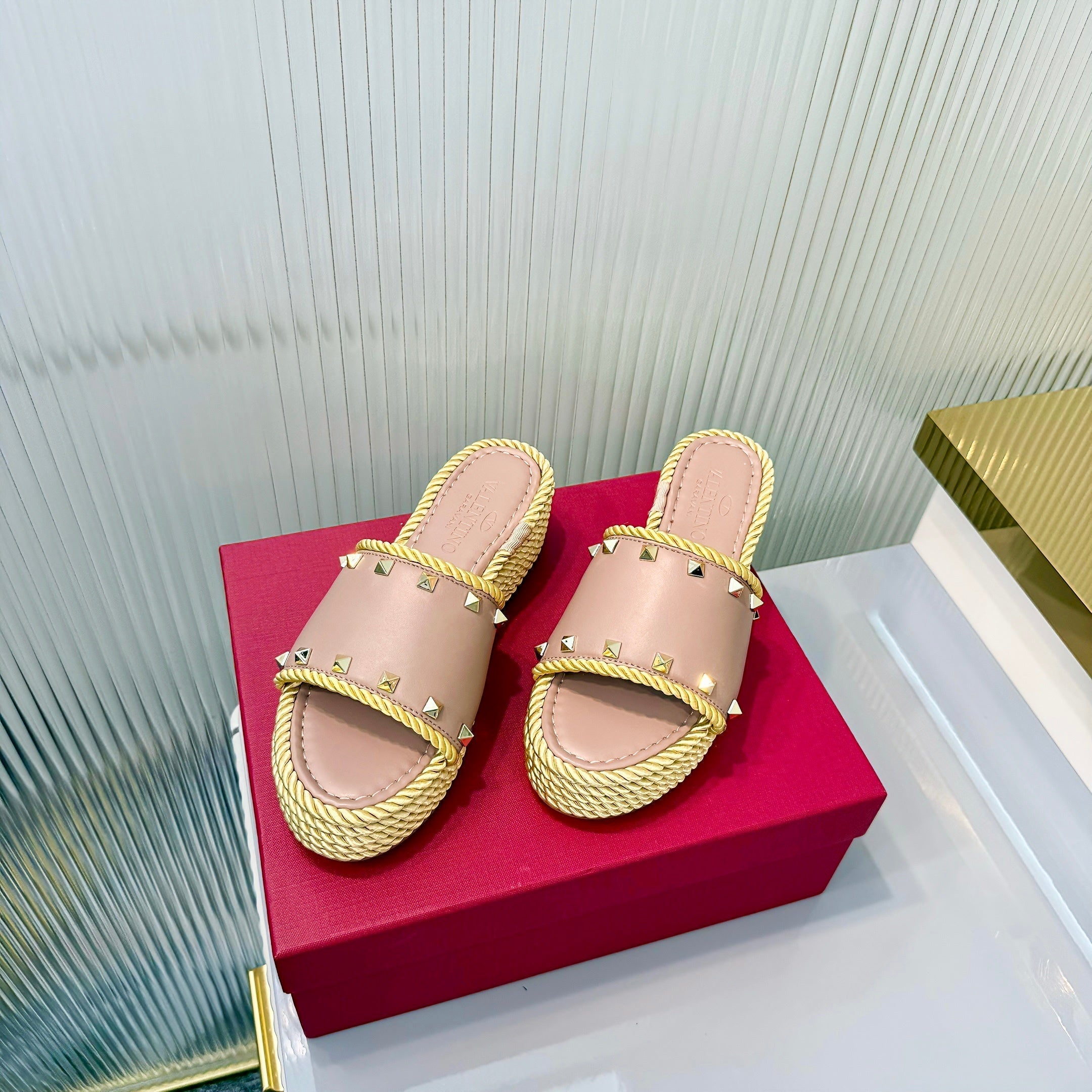 VT 26s Espadrille Slides 5cm Dusty Pink Leather 714908