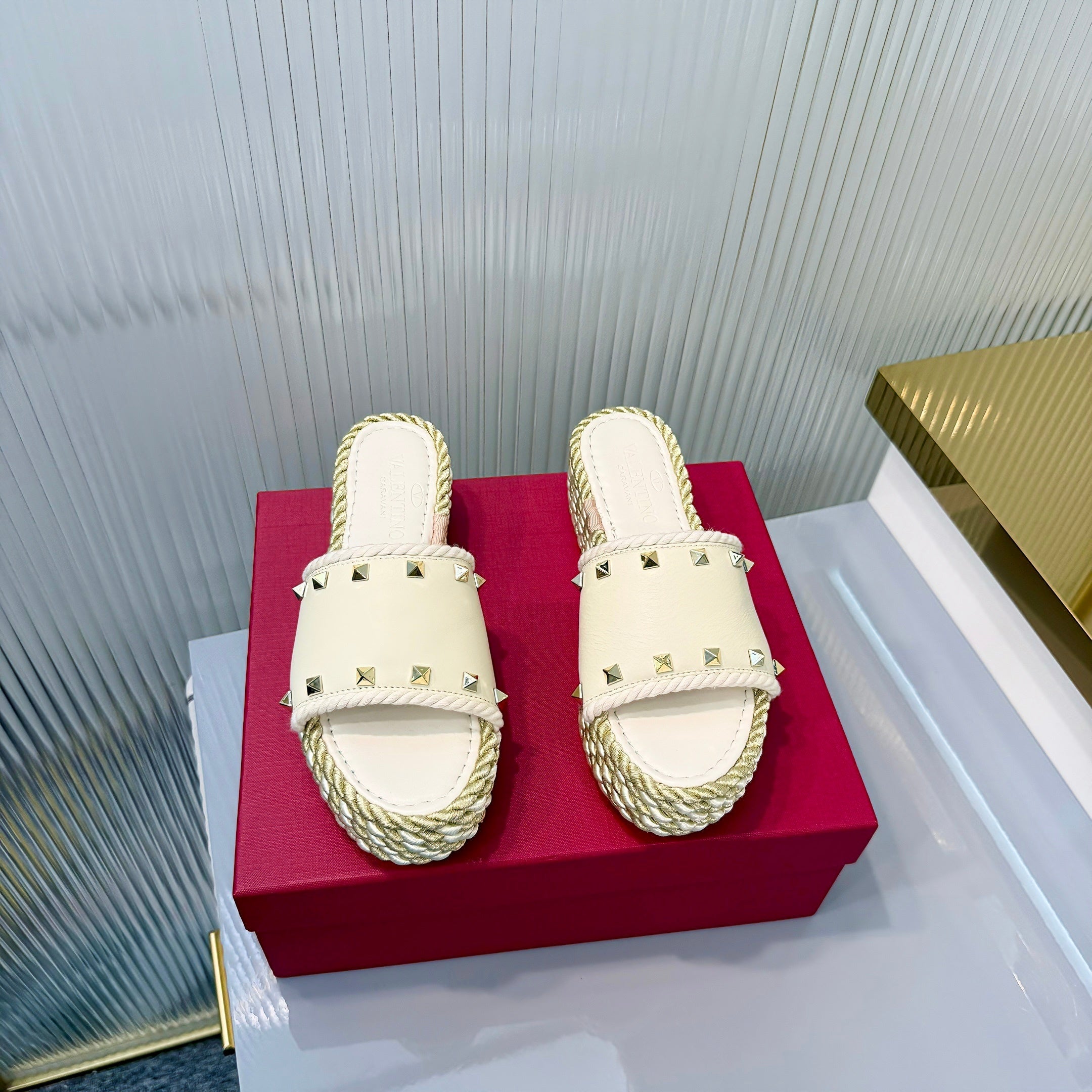 VT 26s Espadrille Slides 5cm White Leather 714909