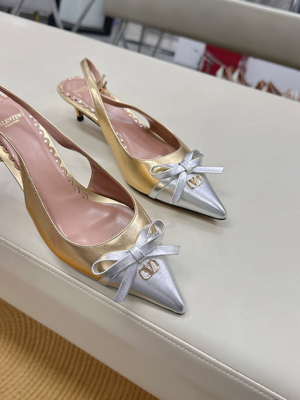 Bepointy Slingback Pumps Bow In Gold Mix Silver Metaliic Cowhide Pale Pink Sheepskin Linning 304248
