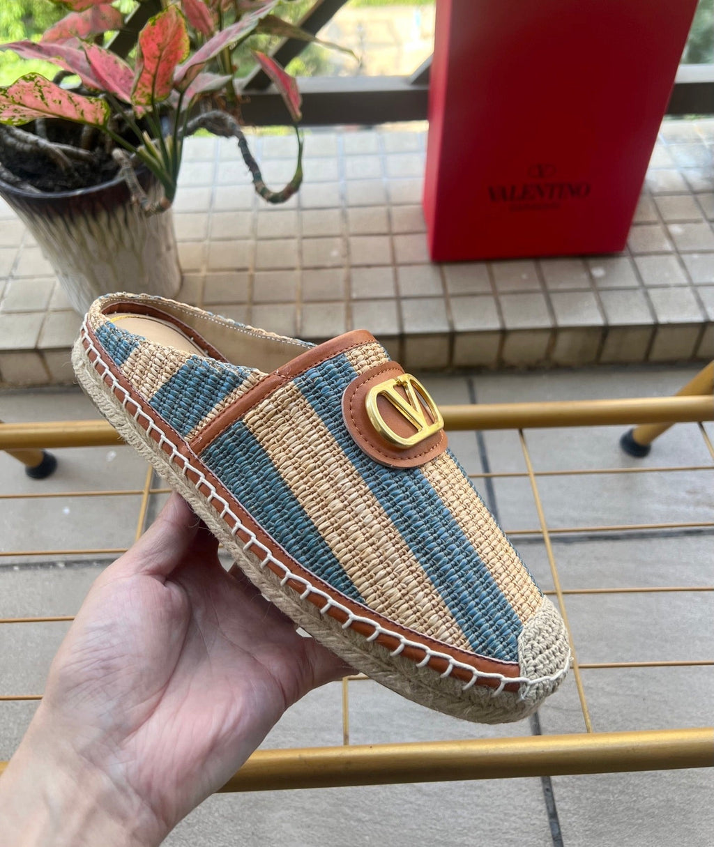 VLogo Signature Striped Espadrille Mules Beige Blue Raffia 692190