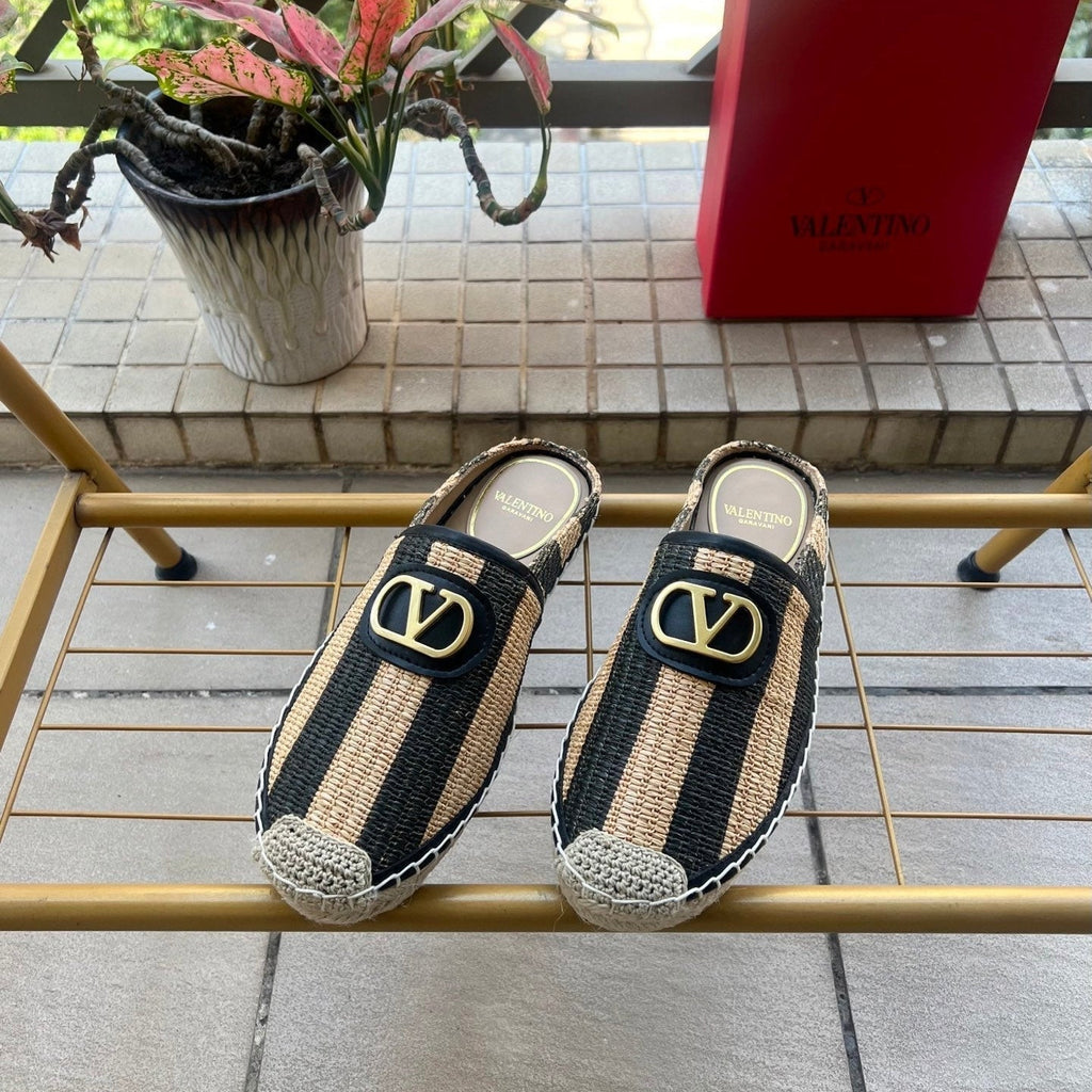 VLogo Signature Striped Espadrille Mules Beige Black Raffia 692191