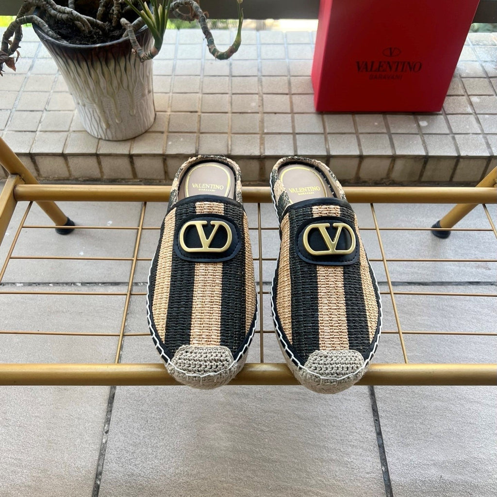 VLogo Signature Striped Espadrille Mules Beige Black Raffia 692191