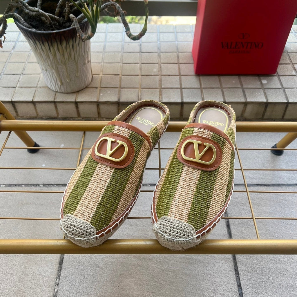 VLogo Signature Striped Espadrille Mules Beige Green Raffia