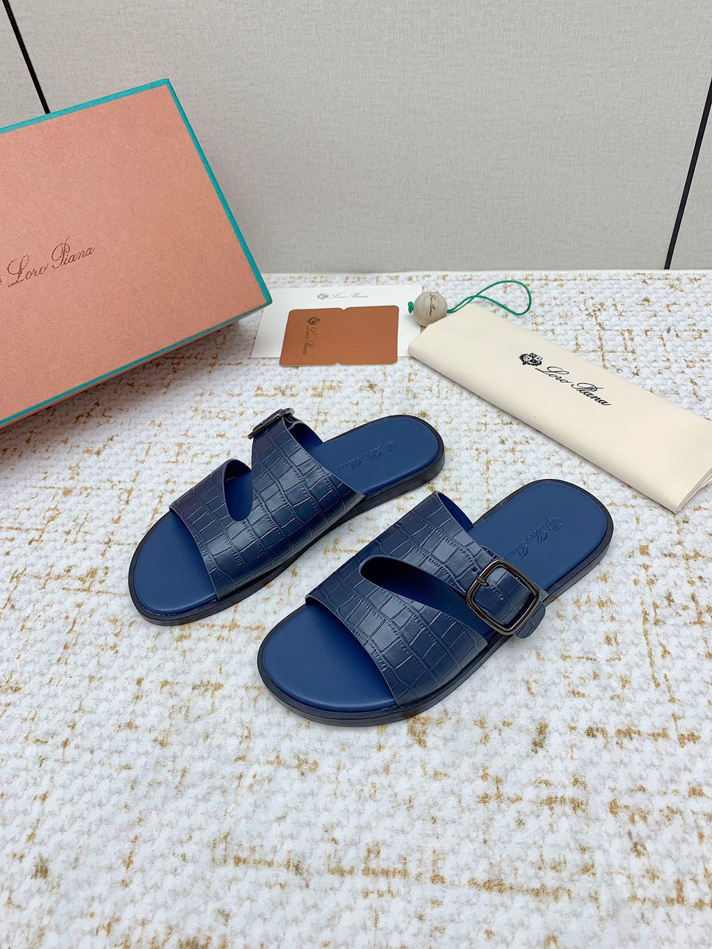 LP Men Sandals In Classic Blue Snake Embossed Calfskin