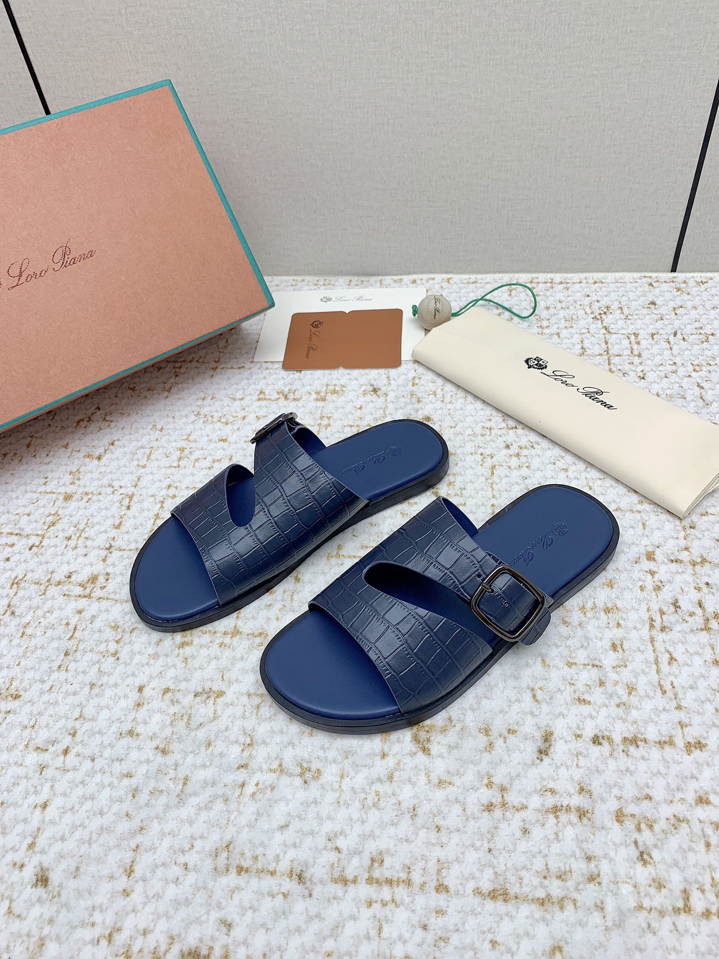 LP Men Sandals In Classic Blue Snake Embossed Calfskin