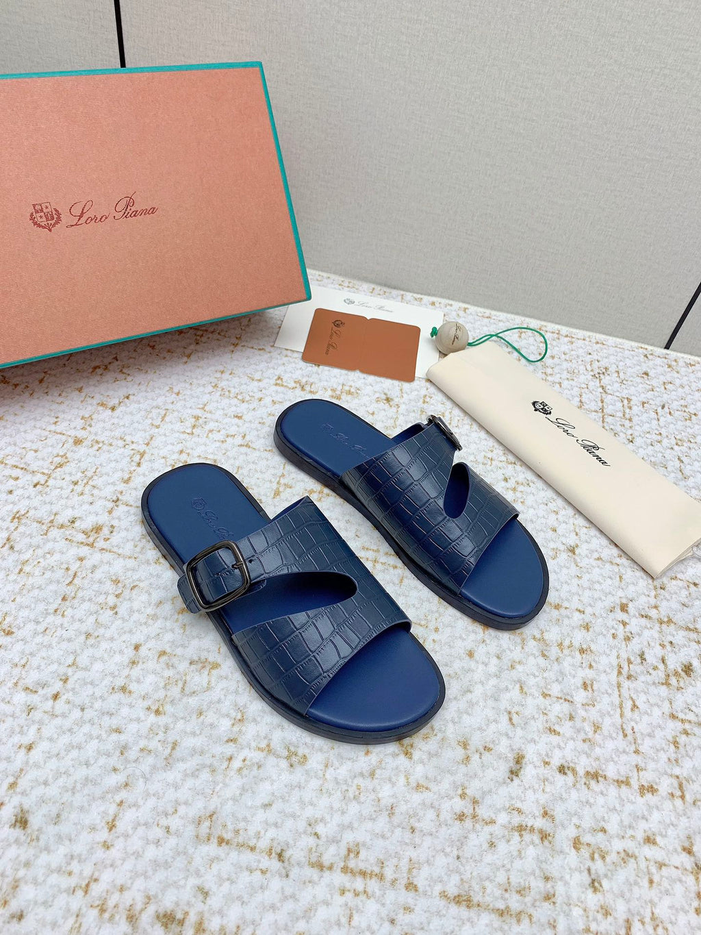 LP Men Sandals In Classic Blue Snake Embossed Calfskin