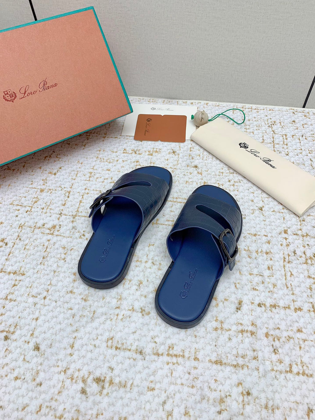 LP Men Sandals In Classic Blue Snake Embossed Calfskin