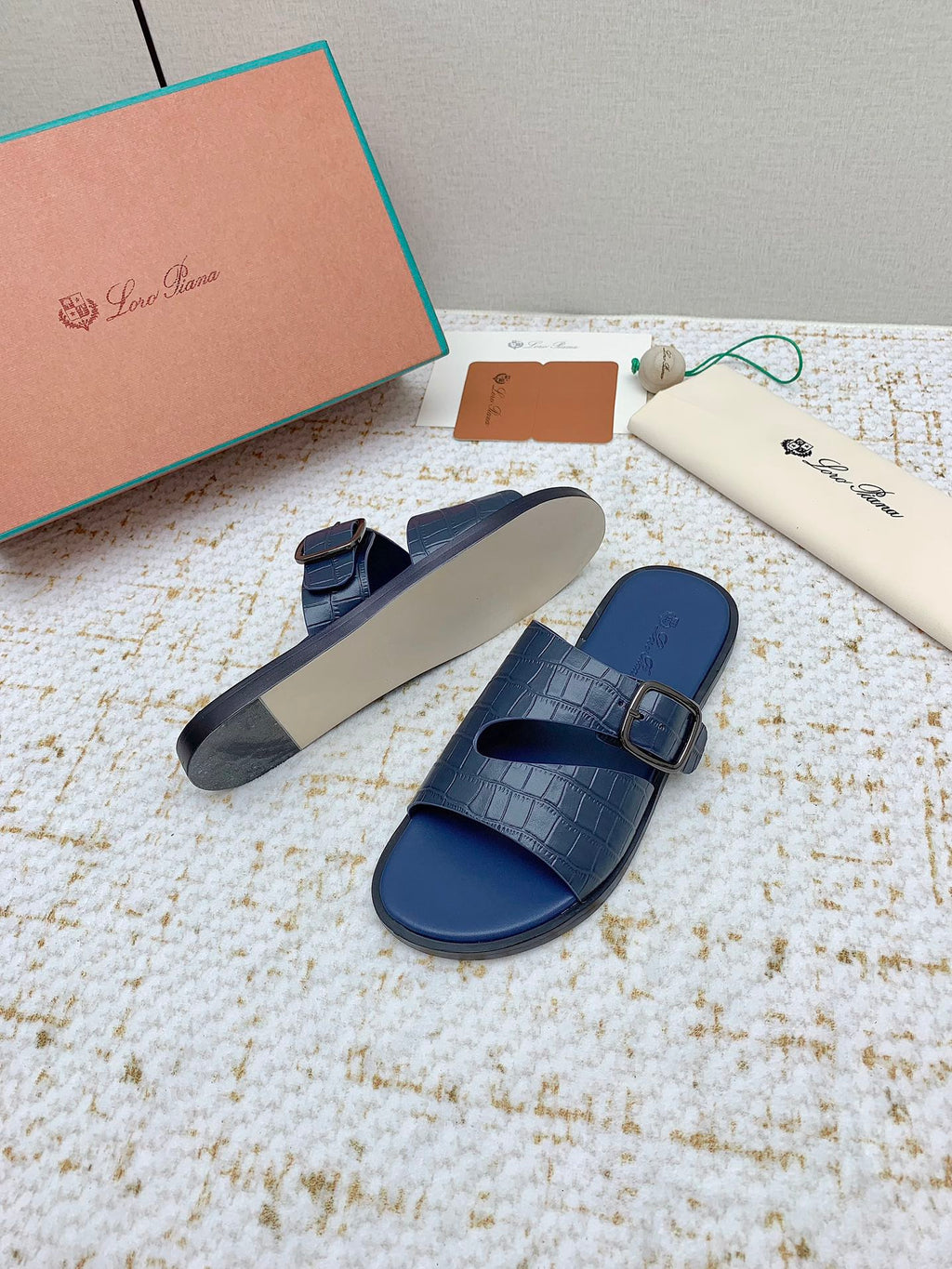 LP Men Sandals In Classic Blue Snake Embossed Calfskin