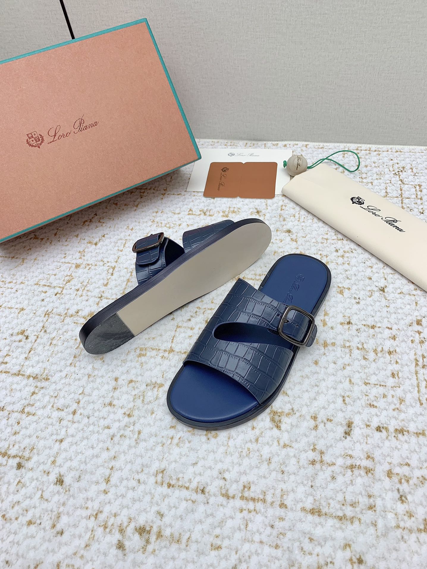 LP Men Sandals In Classic Blue Snake Embossed Calfskin