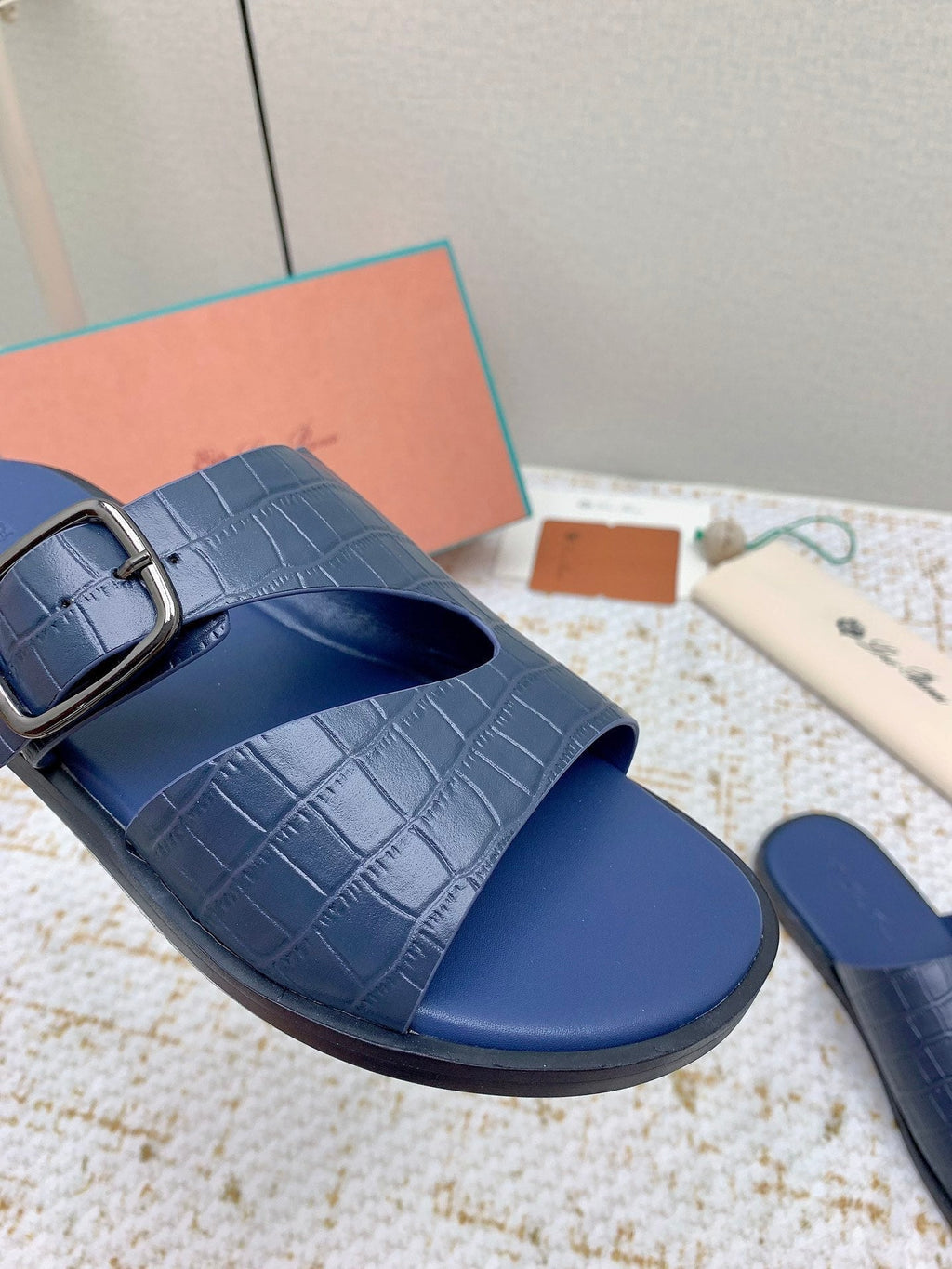 LP Men Sandals In Classic Blue Snake Embossed Calfskin